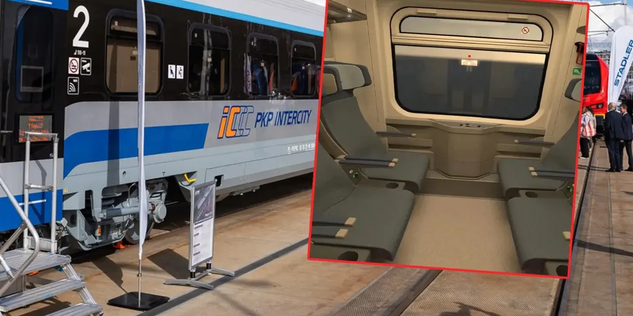 Nowy wagon PKP Intercity z wygodnymi siedzeniami i dużym oknem.