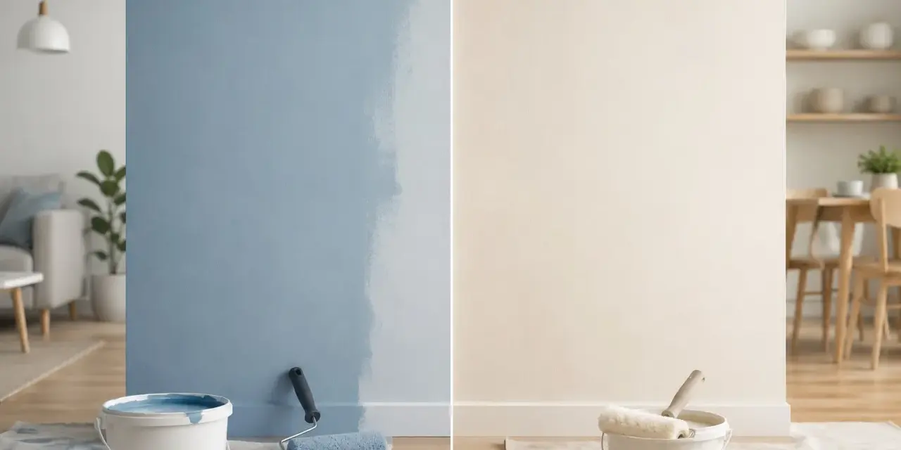 Pittura lavabile: un lato blu, un lato beige, con secchi e rulli. Valutare i pro e contro per la tua casa.