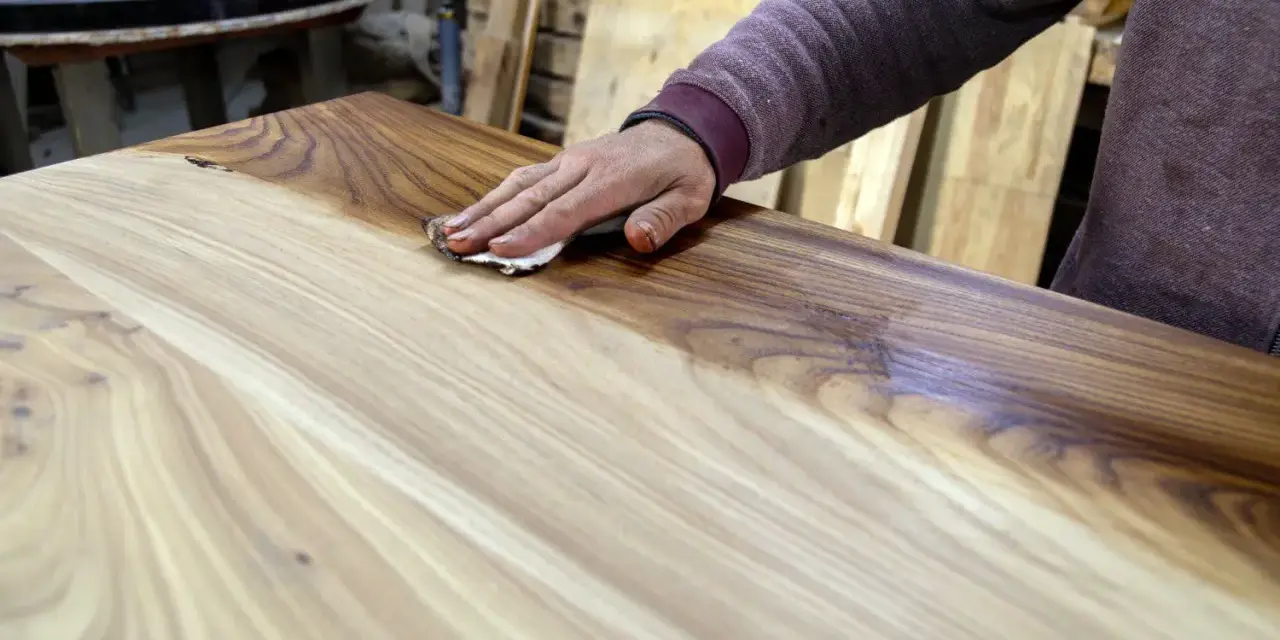 Mano che applica la finitura a cera dopo impregnante su un tavolo di legno grezzo, esaltandone le venature.