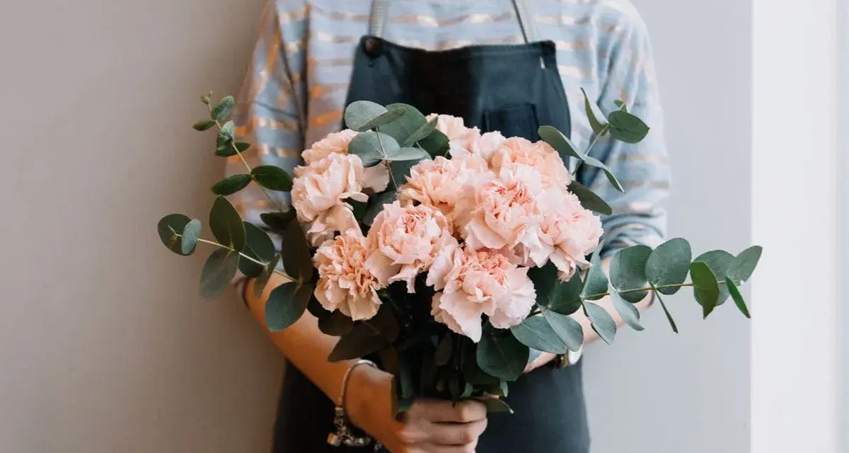 En bukett med ljusrosa nejlikor och eukalyptus. Perfekt för dig som vill odla nejlika snittblomma för att skapa egna blomsterarrangemang.