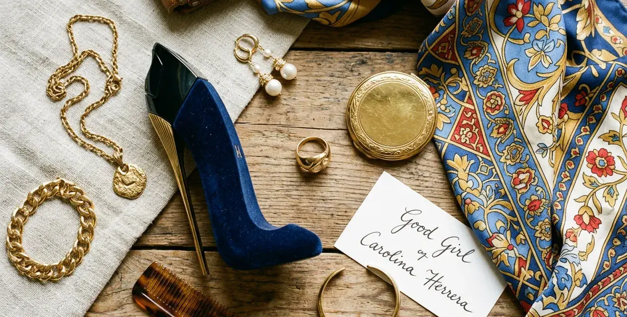 Elegancki zestaw: perfumy damskie bucik, złota biżuteria, jedwabna apaszka i brązowy portfel.