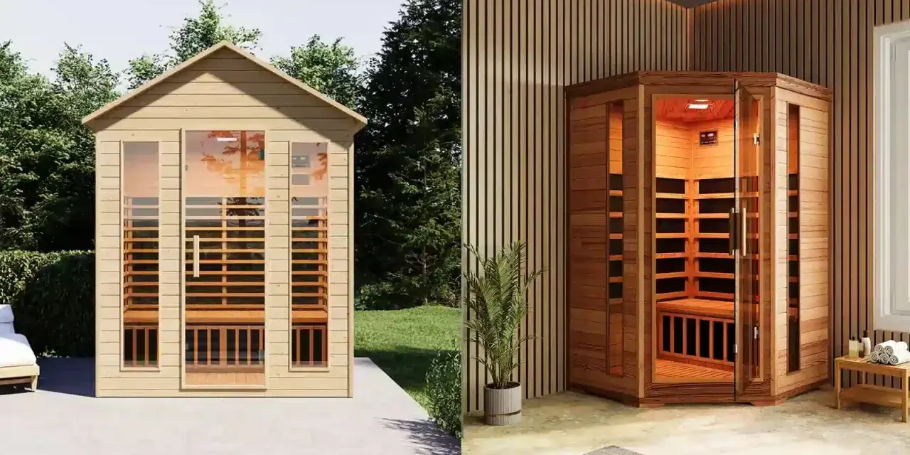 Cabine per saune a infrarossi: una all'esterno, in legno chiaro, e una all'interno, angolare, con illuminazione calda.