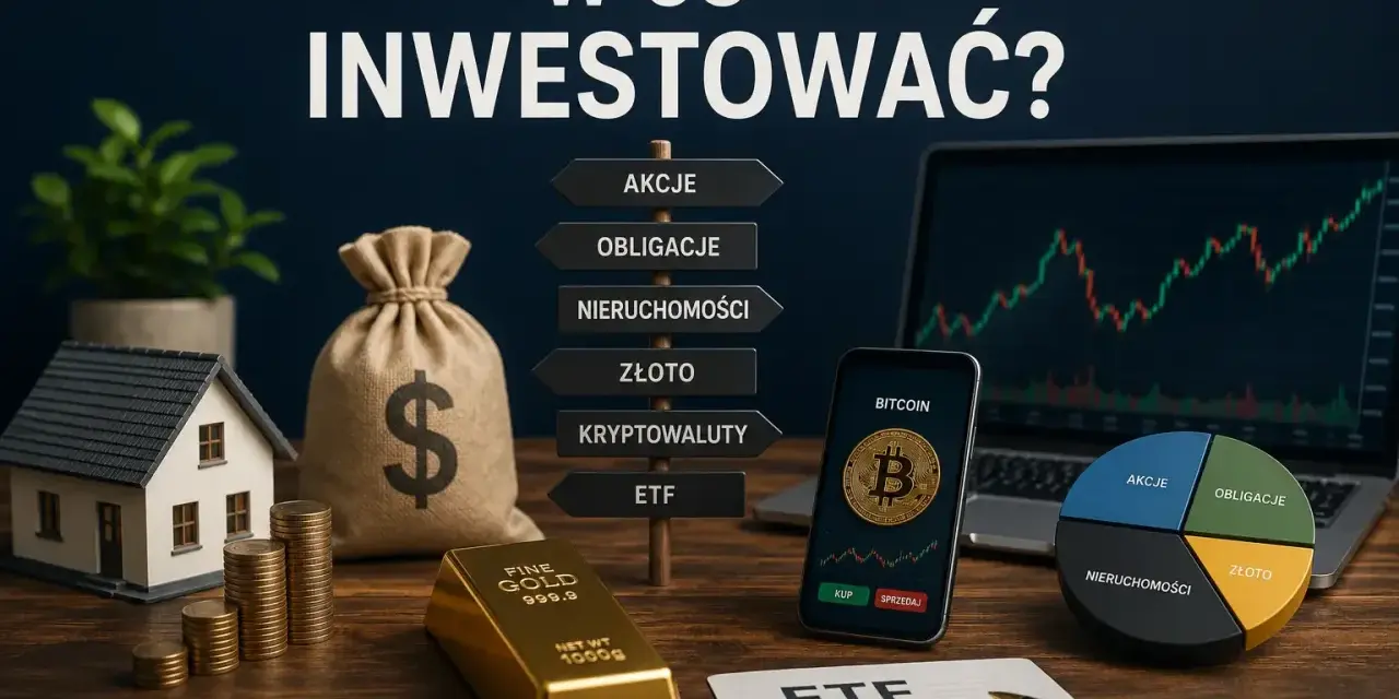 Zastanawiasz się, w co inwestować? Na stole leżą złoto, dom, worek pieniędzy, kryptowaluty i wykresy.
