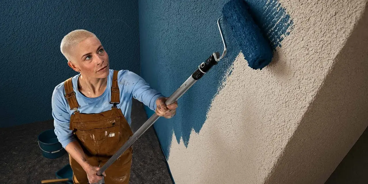 Frau mit Kurzhaarschnitt streicht mit blauem Roller eine Wand mit Rauputz.