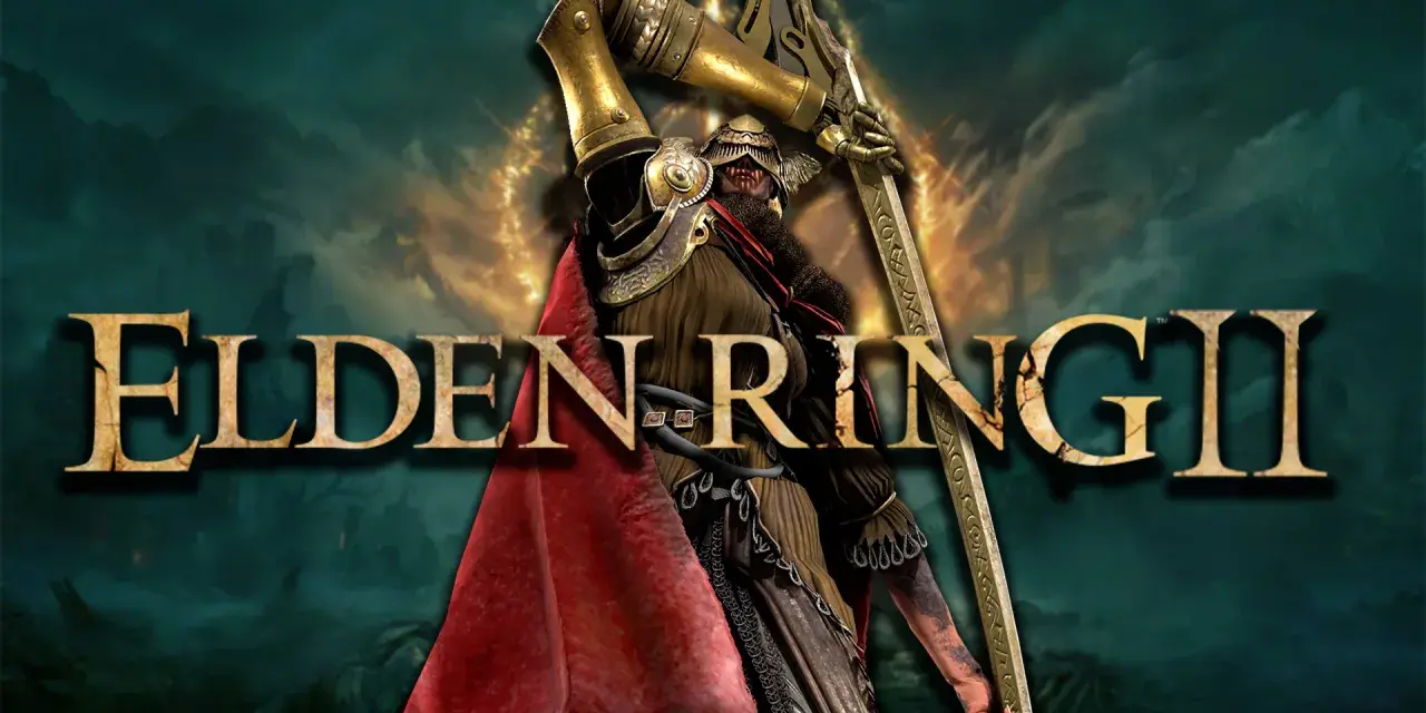Un guerrero con armadura dorada y capa roja levanta un arma imponente. El título "ELDEN RING II" se cierne sobre la escena, sugiriendo una nueva aventura épica.