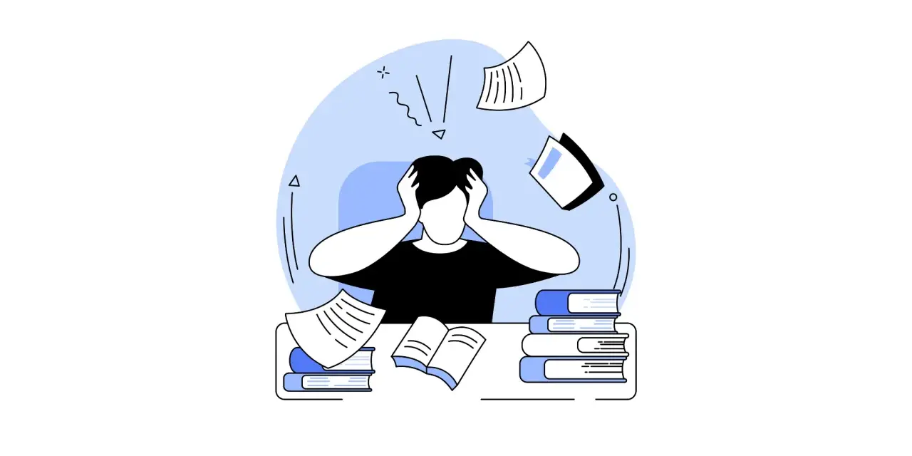 Überforderter Student mit Büchern und Papieren, der versucht, sein Englisch zu verbessern.