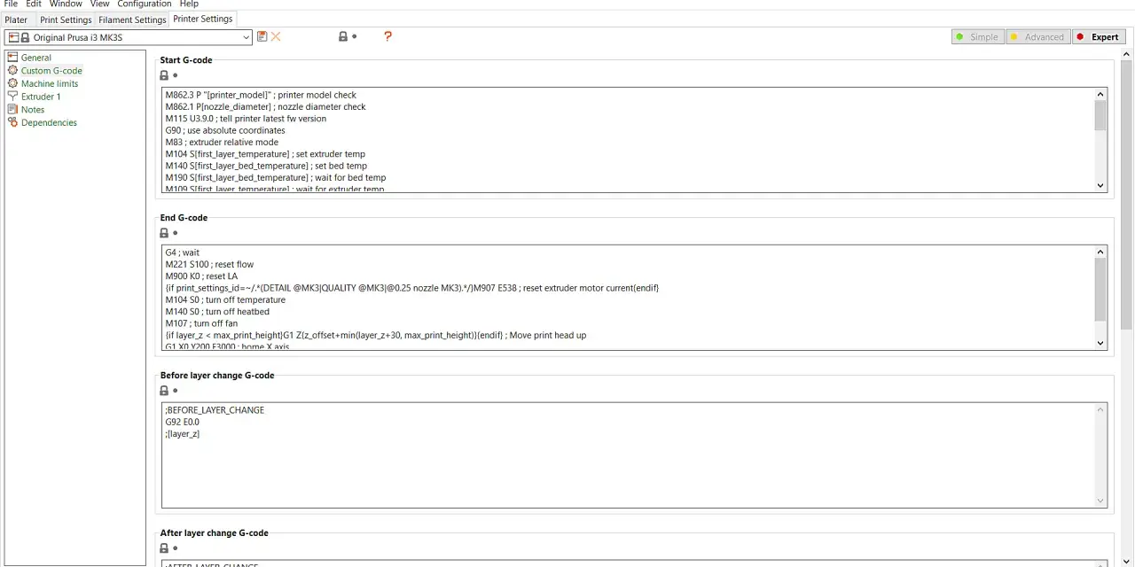 Widok ustawień drukarki Prusa i3 MK3S w PrusaSlicer, pokazujący kod g28 gcode dla startu, końca i przed zmianą warstwy.