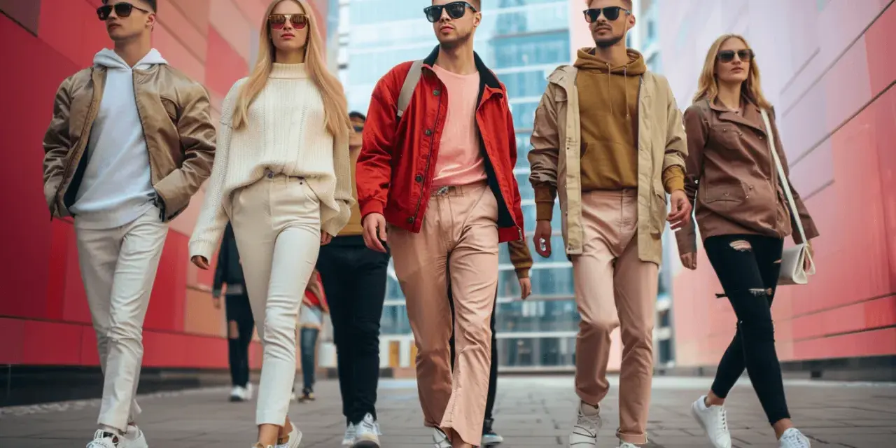 Grupa młodych ludzi w modnych stylizacjach, każdy prezentuje swój unikalny outfit.