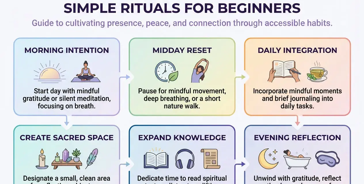 A guide on how to do a ritual for beginners, featuring morning intention, midday reset, daily integration, creating sacred space, expanding knowledge, and evening reflection.