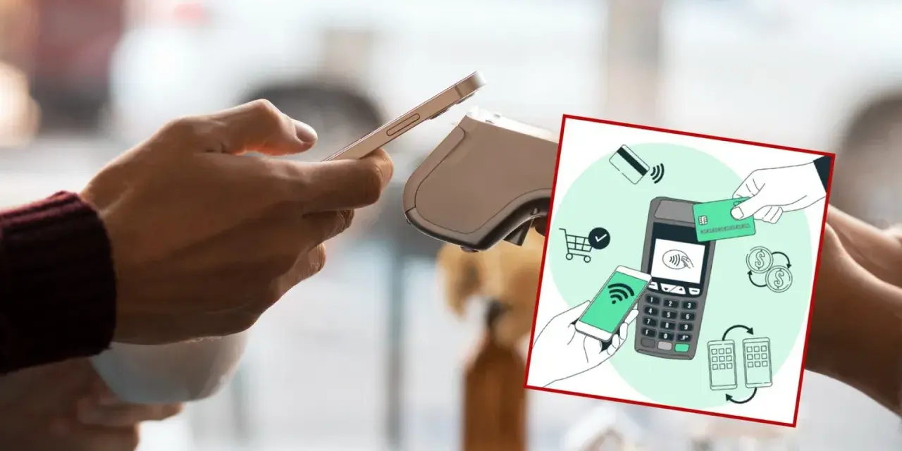 Płatność zbliżeniowa telefonem. Dwie dłonie zbliżają smartfony do terminala płatniczego, pokazując wygodę i szybkość transakcji.
