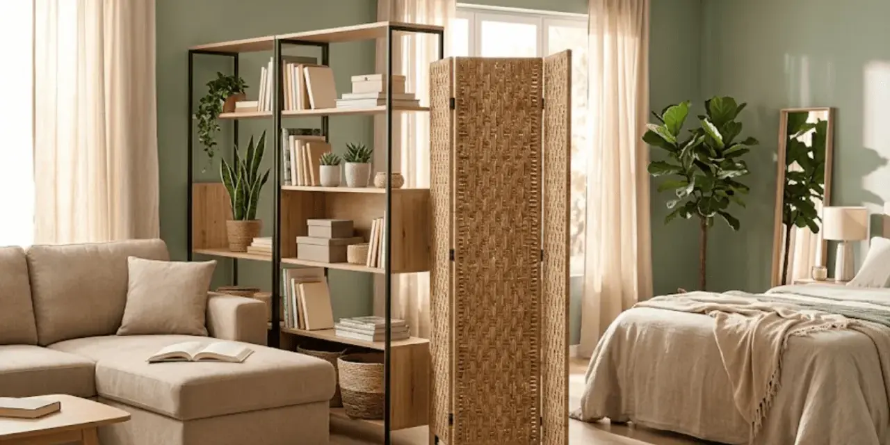 Un dormitorio integrado en el salón, con un sofá, estanterías y una cama separada por un biombo de fibras naturales.
