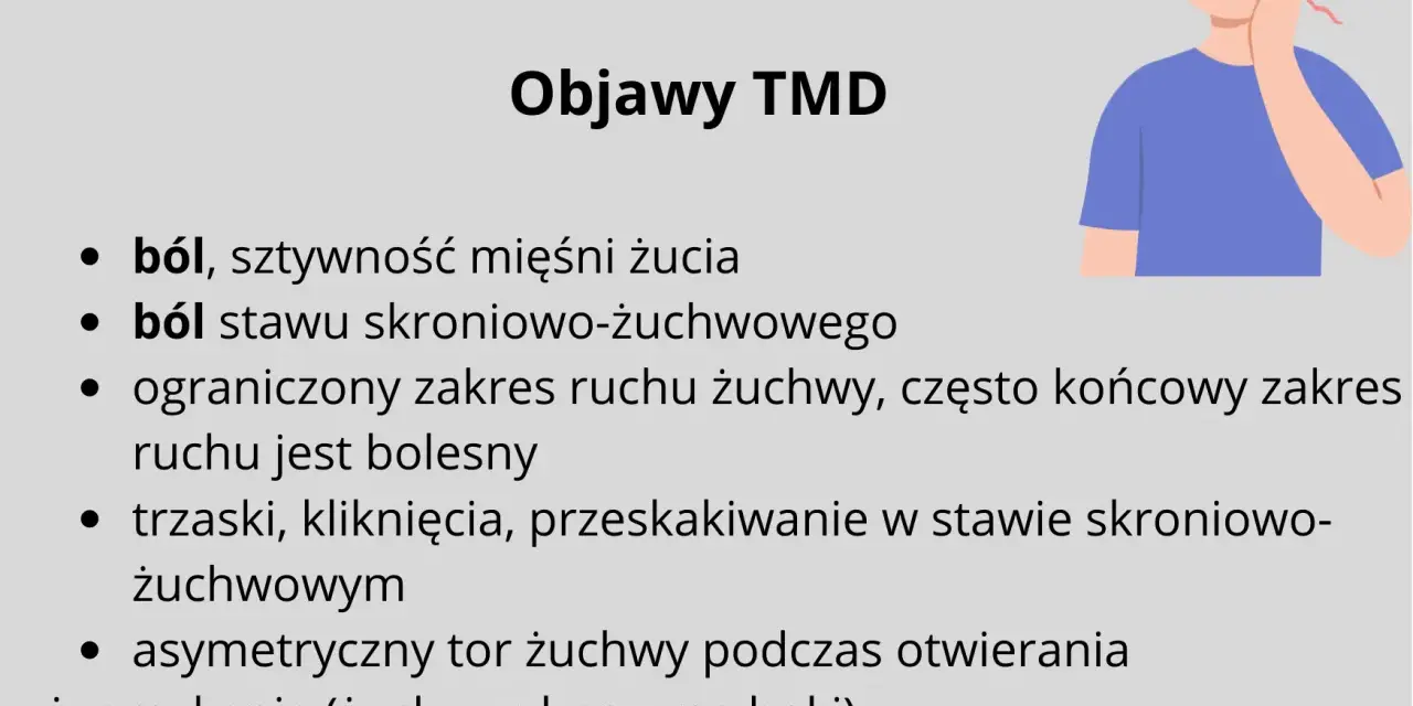 Ból i ograniczenie ruchomości żuchwy to objawy dysfunkcji stawu skroniowo-żuchwowego.