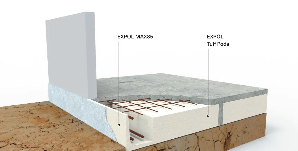 Przekrój posadzki garażowej z EXPOL MAX85 i EXPOL Tuff Pods. Solidny beton na posadzkę w garażu to podstawa.