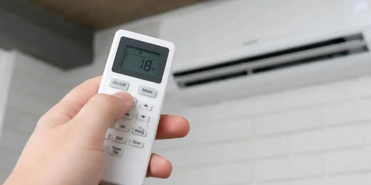 Mano ajustando el control remoto del aire acondicionado por la noche a 18 grados.