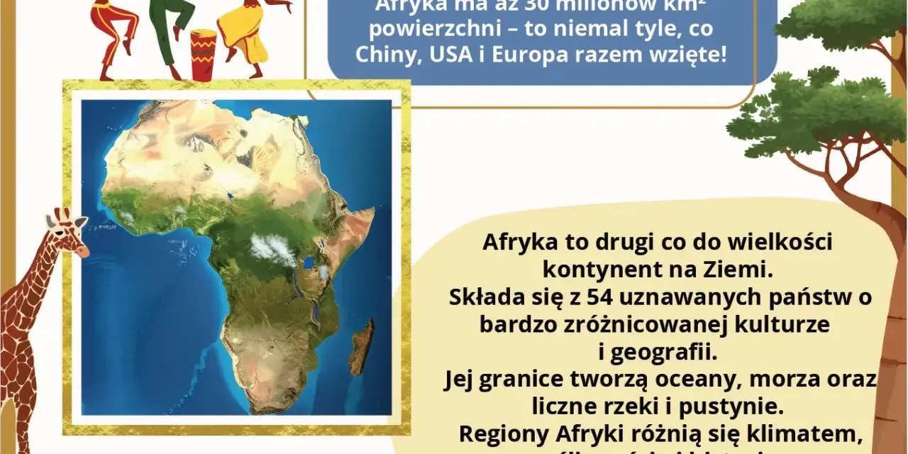 Ilustracja przedstawia mapę Afryki, żyrafę i tańczące postacie. Podkreśla różnorodność krajów afrykańskich, ich kulturę i geografię.