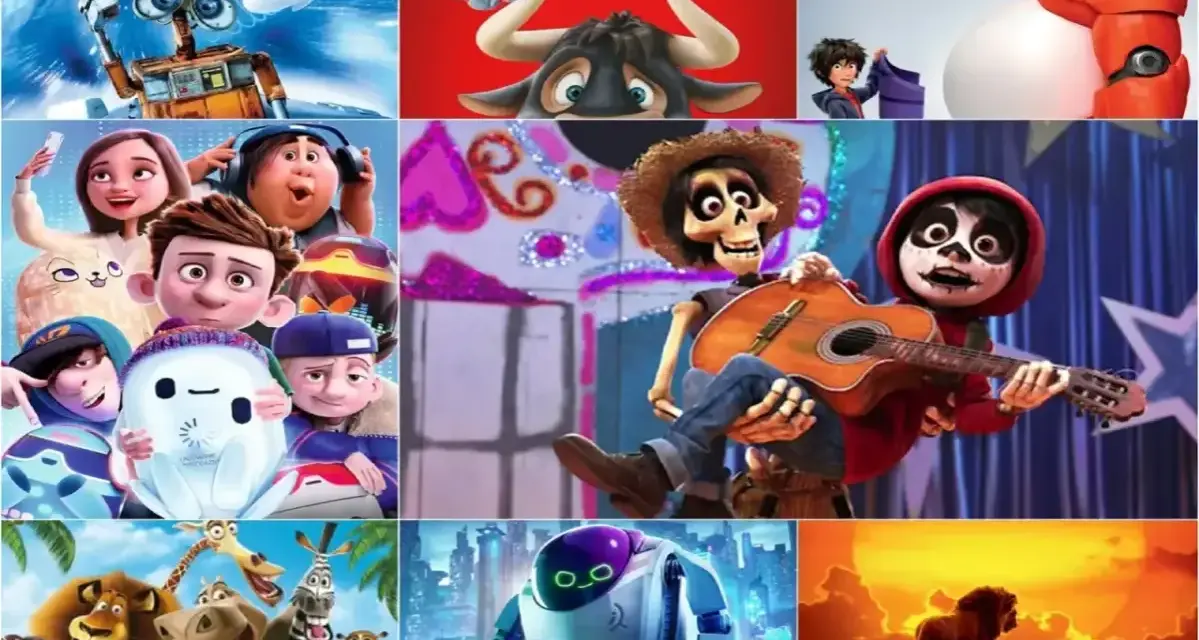 Kolaż z bohaterami WALL-E, Ferdynanda, Wielkiej Szóstki, Ronin, Coco, Madagaskaru, a także Króla Lwa. Te **stare bajki dla dzieci** to klasyka animacji.
