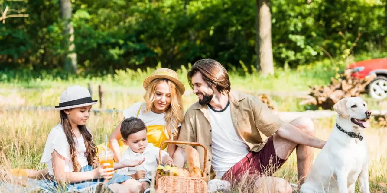 Familie genießt einen sonnigen **Picnic Berlin** im Grünen mit Hund.