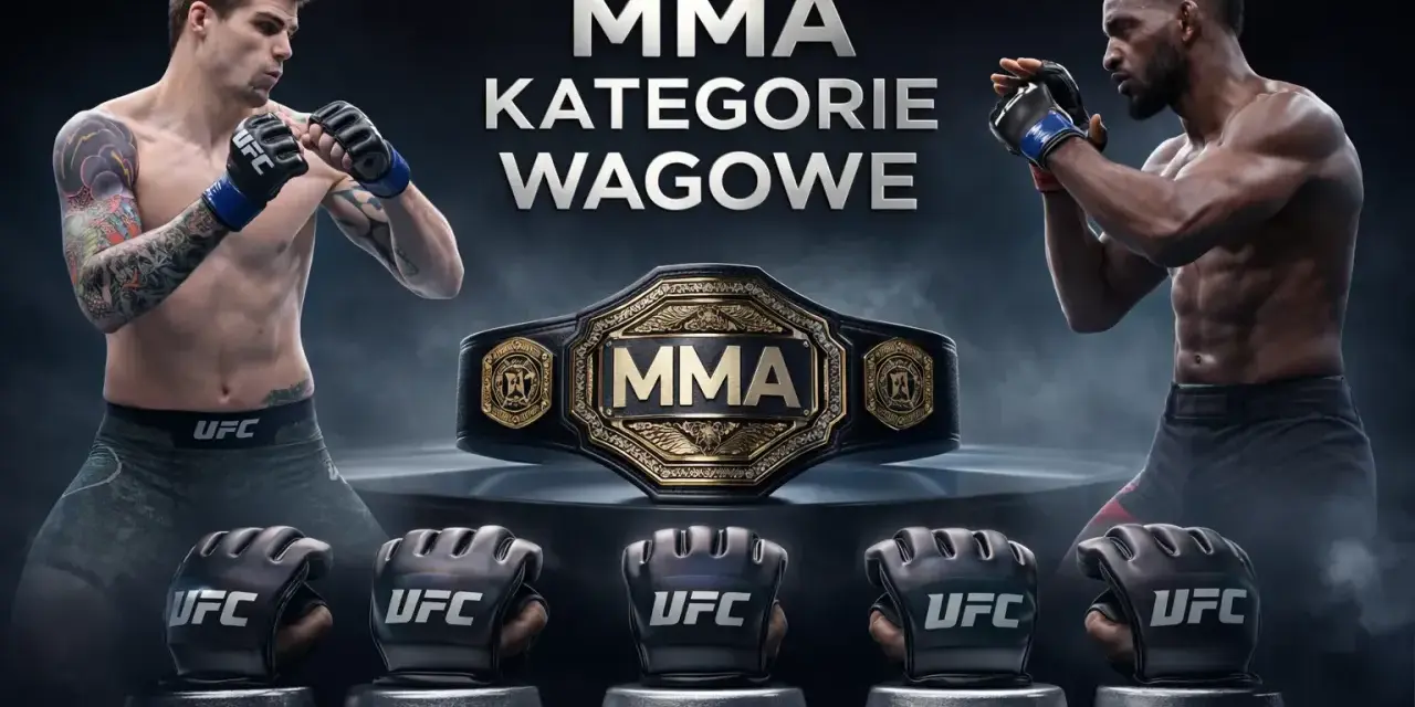 Dwóch zawodników MMA w pozycjach bojowych, pas mistrzowski UFC i rękawice z wagami: 125, 135, 145, 155, 265 lbs.