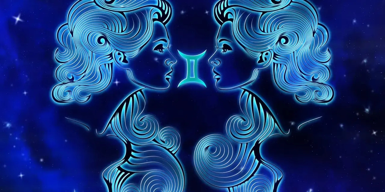 Dwie stylizowane głowy patrzą na siebie, symbolizując gemini znak zodiaku. Neonowe linie tworzą ich rysy na tle nocnego nieba.
