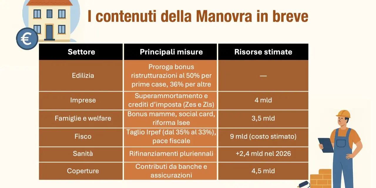 Tabella riassuntiva della nuova sanatoria: edilizia, imprese, famiglie, fisco, sanità e coperture con misure e risorse stimate.