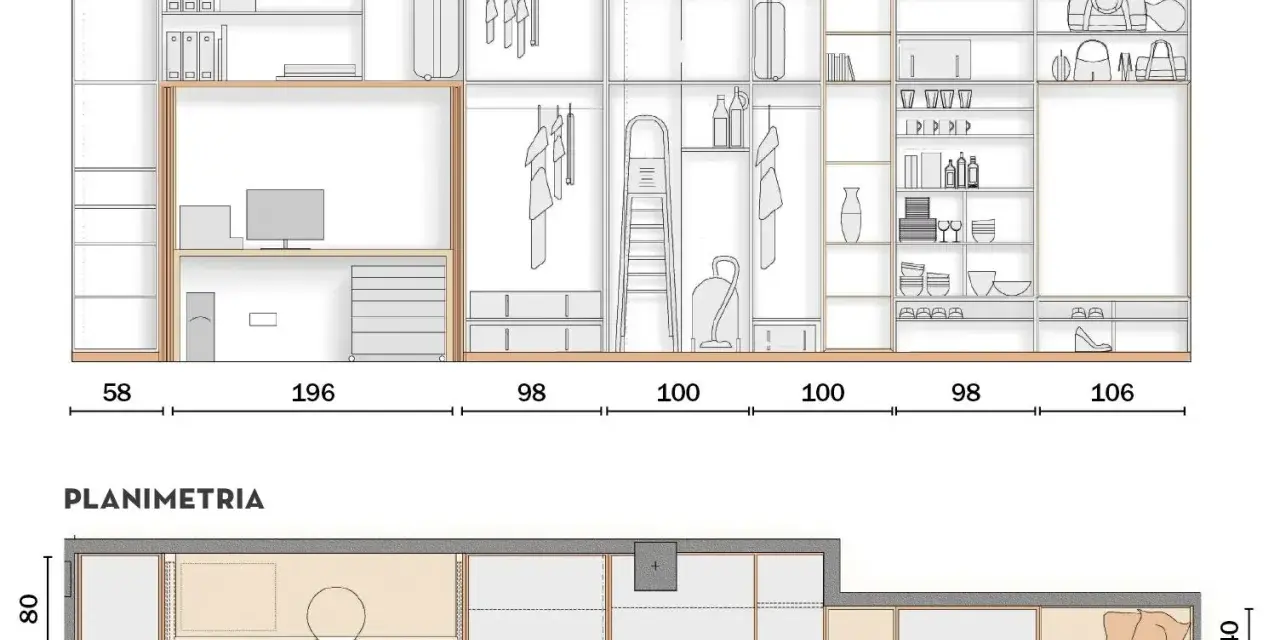 Vista interna e planimetria di un armadio su misura, che dimostra come una casa di 80 mq possa essere piccola ma funzionale.