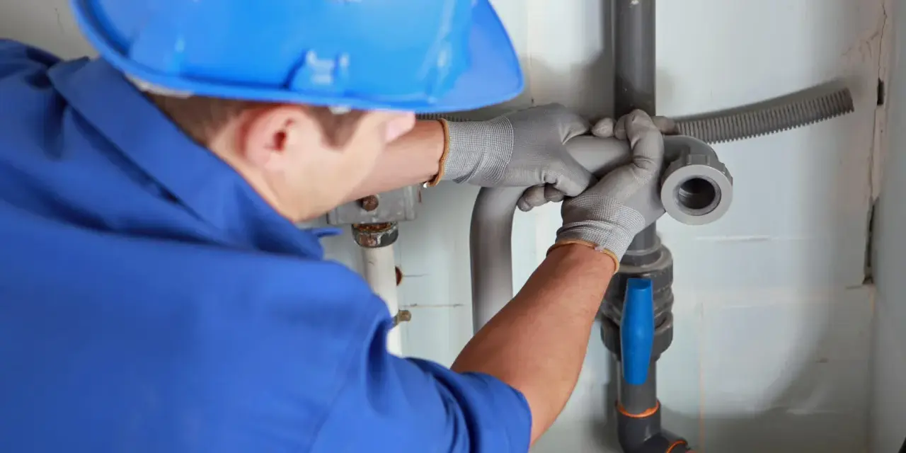Instalator w niebieskim kasku i rękawicach montuje elementy instalacji kanalizacyjnej.