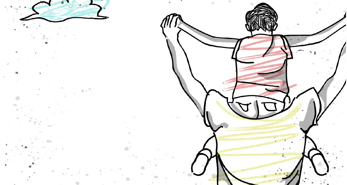 Un niño en hombros de su padre, un tierno dibujo para el día del padre, con nubes y salpicaduras.