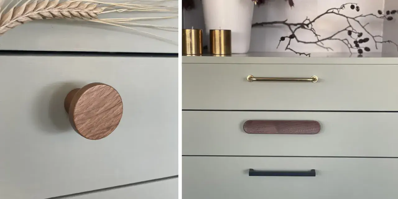 Detaljer från en målad byrå med olika handtag: ett runt i trä, ett mässingshandtag och ett avlångt i trä.