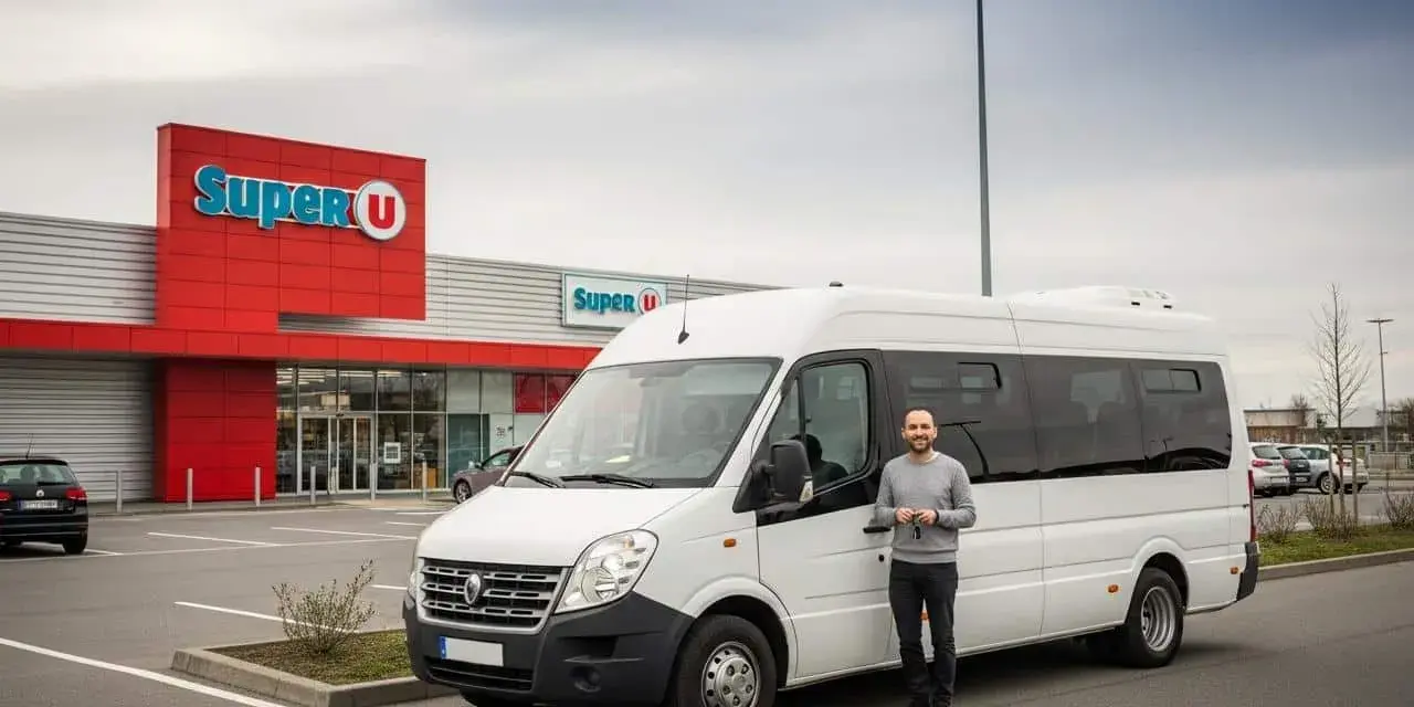 Un homme pose à côté d'un minibus 9 places permis B, devant un Super U.