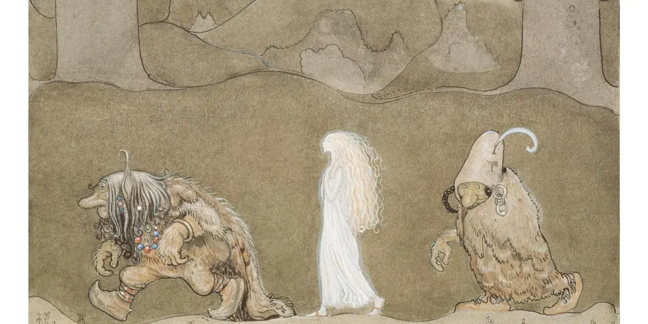 John Bauer namalował tę scenę z baśni: troll z naszyjnikiem i dziewczyna w bieli idą przez las.