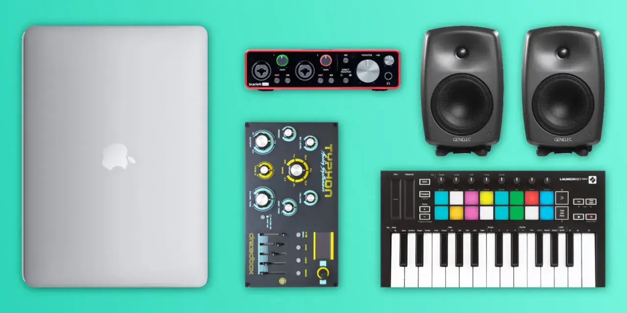 So kannst du Techno Musik machen: Laptop, Audio-Interface, Synthesizer, MIDI-Controller und Monitore.