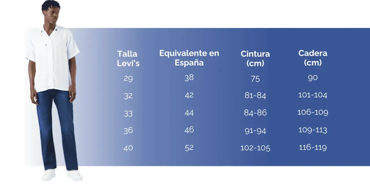 Tabla de tallas Levi's con equivalencia en España. Un hombre joven viste jeans. Talla 30x32 equivalencia mujer.
