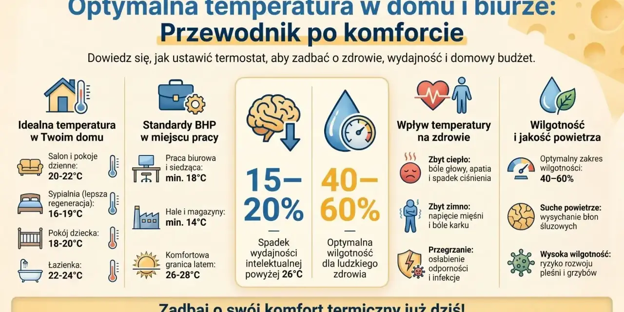 Przewodnik po komforcie: idealna temperatura w domu i biurze, minimalna temperatura w biurze to 14°C. Optymalna wilgotność 40-60%.