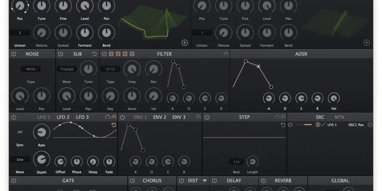 Ein Synthesizer-Interface mit Fokus auf **wavetable synthesis**. Regler für Oszillatoren, Filter, Hüllkurven und Effekte sind sichtbar.