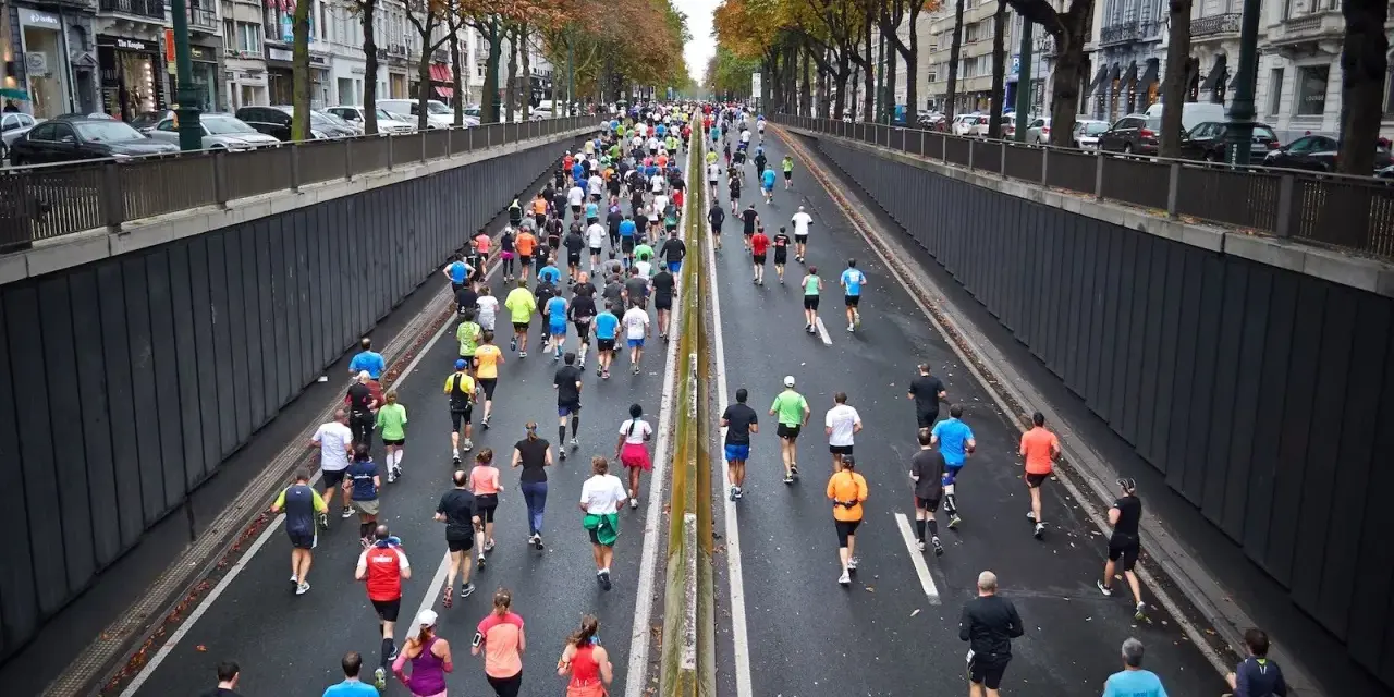 Stor grupp löpare i en stadsgata, många deltagare som springer maraton.