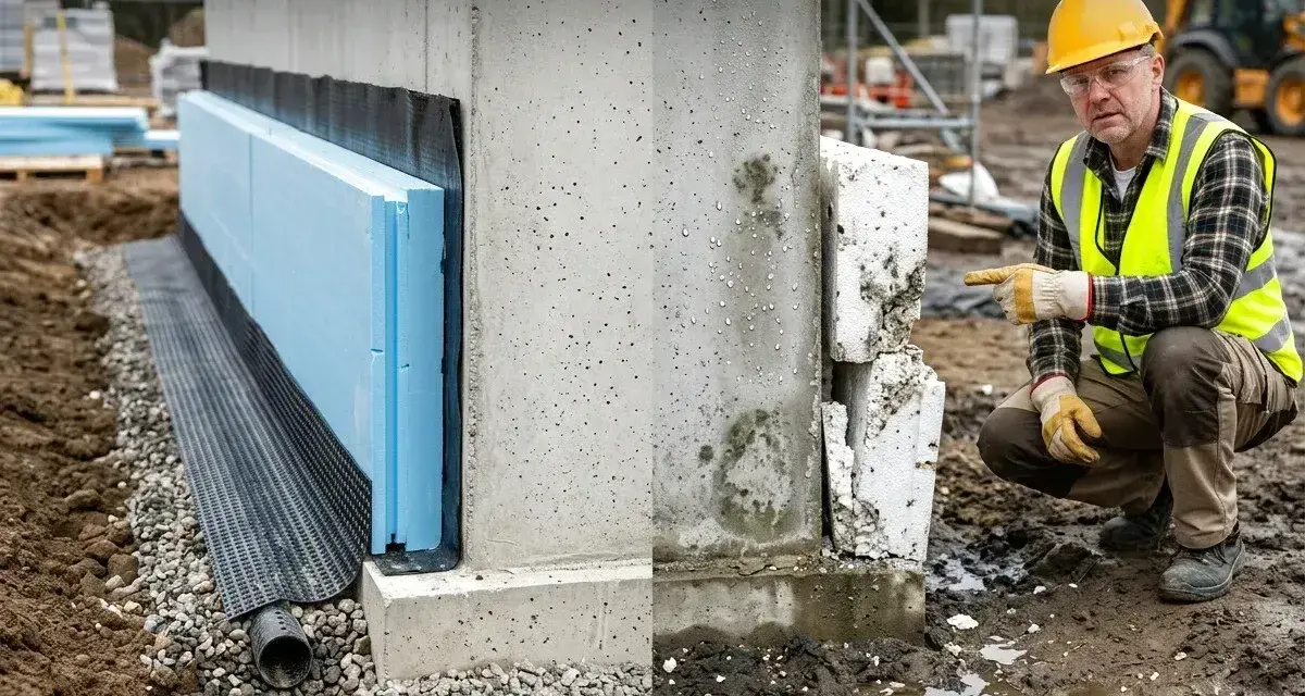 Prawidłowa izolacja płyty fundamentowej z XPS i hydroizolacją kontra uszkodzona, zawilgocona izolacja EPS.