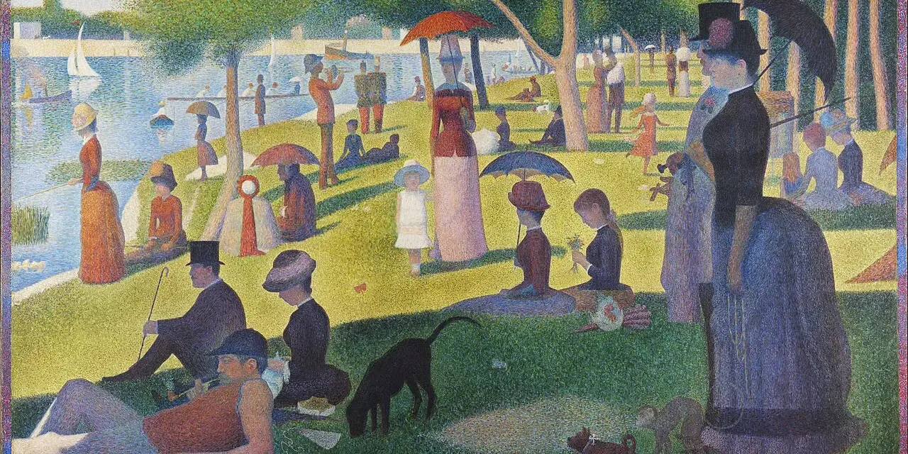 Niedzielne popołudnie na wyspie Grande Jatte. Ludzie odpoczywają nad wodą, bawią się psy, żagle łodzi kołyszą się na falach.
