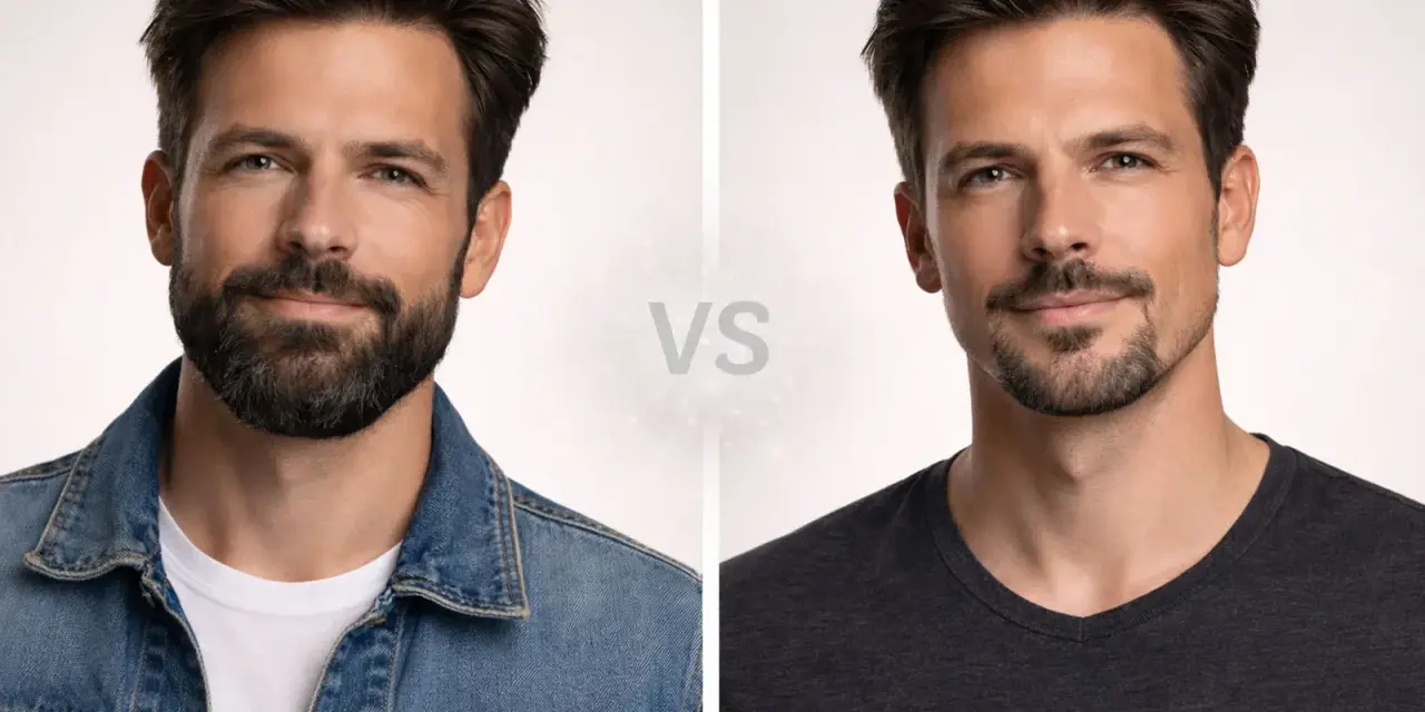 Hombre con perilla completa y barba de chivo. Comparativa de estilos de vello facial masculino.