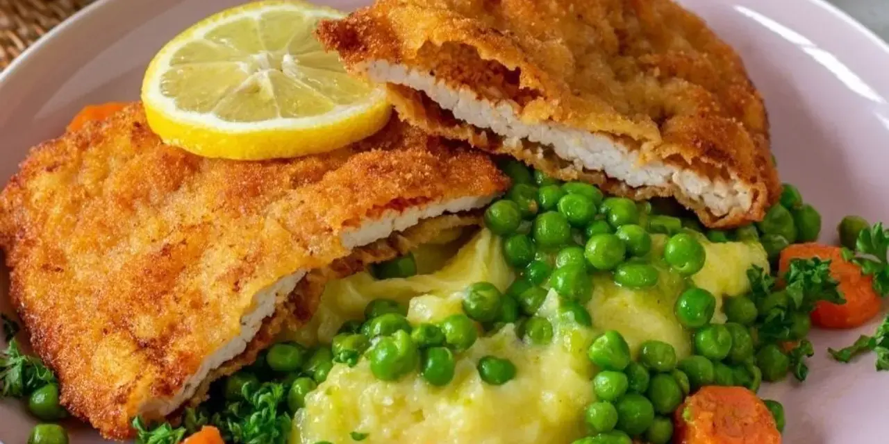 Pyszne schabowe z piekarnika, podane z puree ziemniaczanym, groszkiem i marchewką. Całość ozdobiona plasterkiem cytryny.