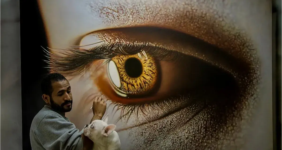 Un artiste achève une peinture hyperréaliste d'un œil doré, son bouledogue français curieux observant le processus créatif.