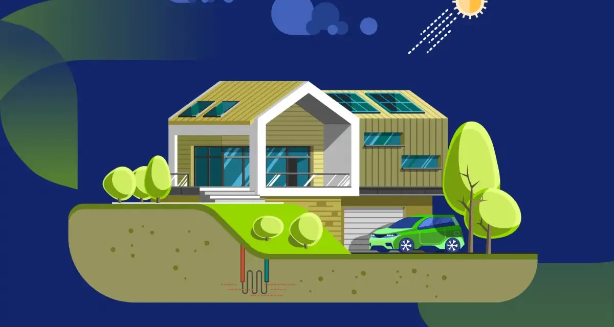 Casa moderna con pannelli solari, auto elettrica e sistema geotermico. L'efficientamento energetico significato in un'immagine.