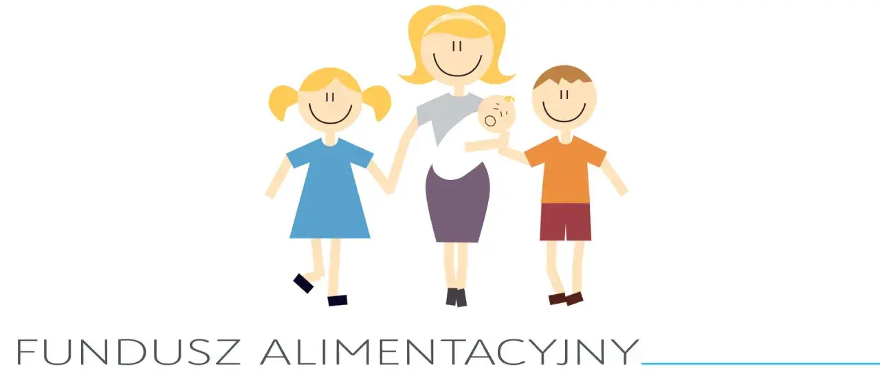 Ilustracja pokazuje rodzinę: matkę z dziećmi. Podpis "FUNDUSZ ALIMENTACYJNY" wyjaśnia, jak działa fundusz alimentacyjny, wspierając rodziny.