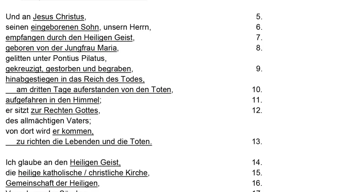 Glaubensbekenntnis katholisch text: Ich glaube an Gott, den Vater, den Allmächtigen, den Schöpfer des Himmels und der Erde. Und an Jesus Christus, seinen eingeborenen Sohn, unsern Herrn.