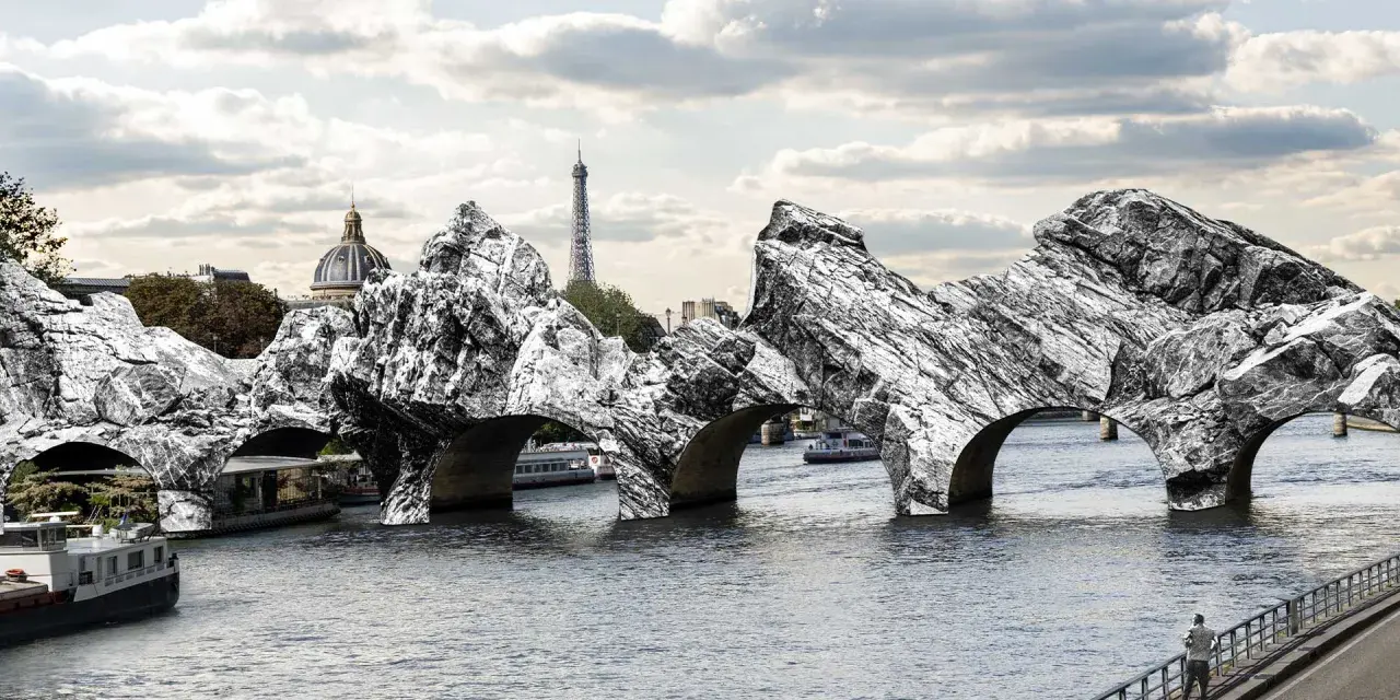 Pont de pierre transformé en rochers monumentaux, une vision audacieuse de Christo et Jeanne-Claude sur la Seine, avec la Tour Eiffel en arrière-plan.