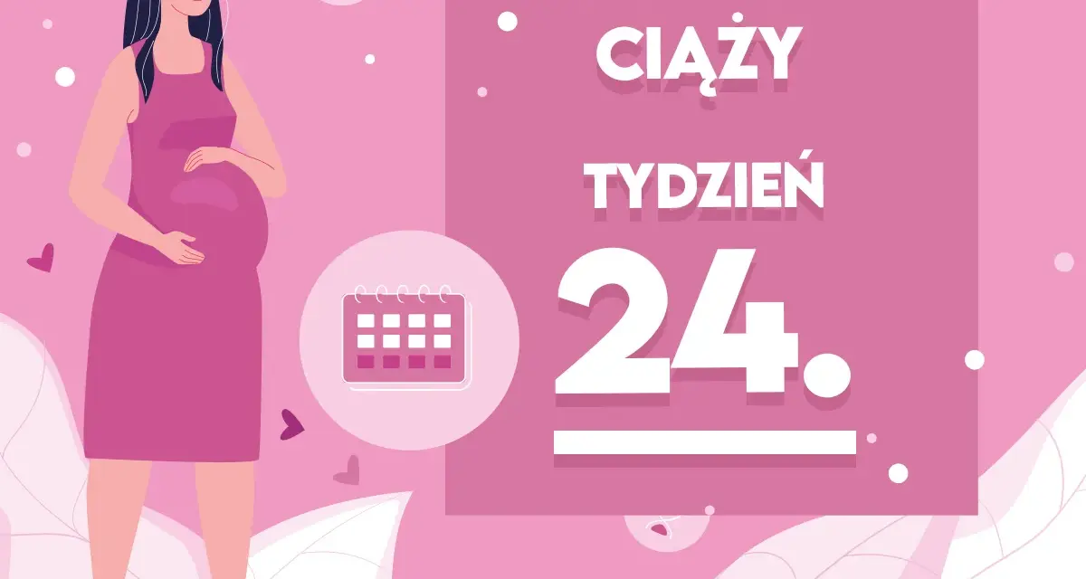 Kobieta w 24 tygodniu ciąży, z brzuszkiem. Obok kalendarz i napis "Kobieta w 24 tygodniu ciąży".