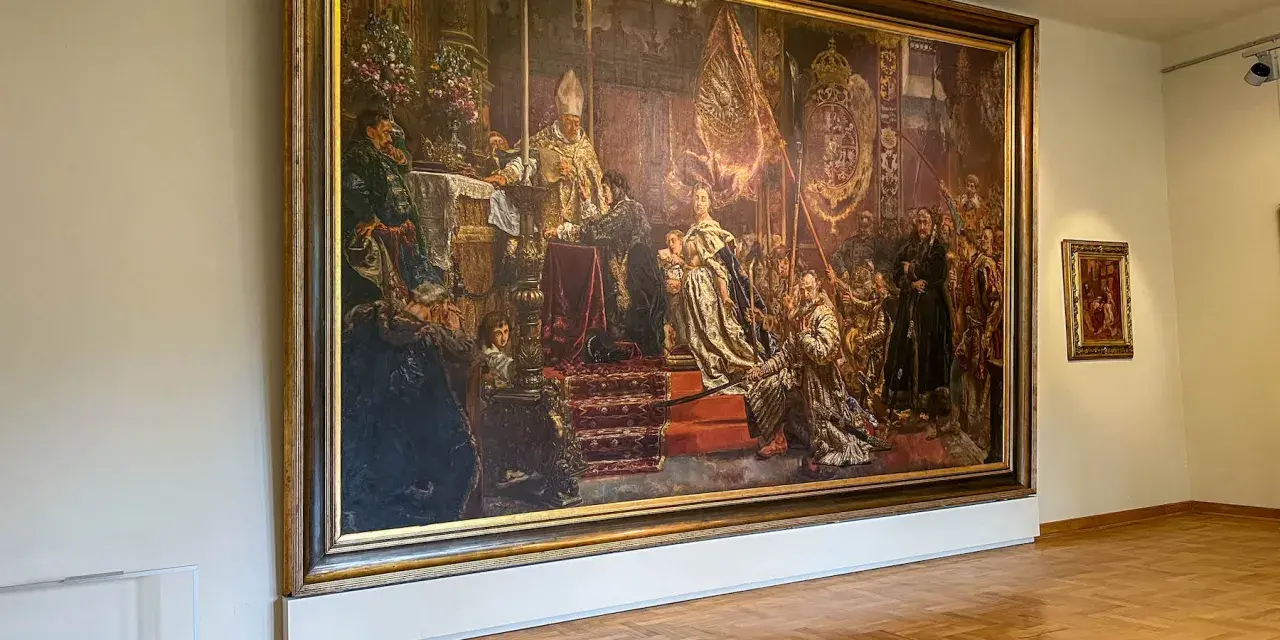 Wielki obraz historyczny w **National Museum Wroclaw** przedstawia koronację króla.