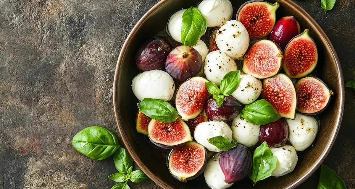 Un tazón lleno de bolitas de mozzarella fresca, higos cortados y hojas de albahaca, perfecto para ensaladas saludables.