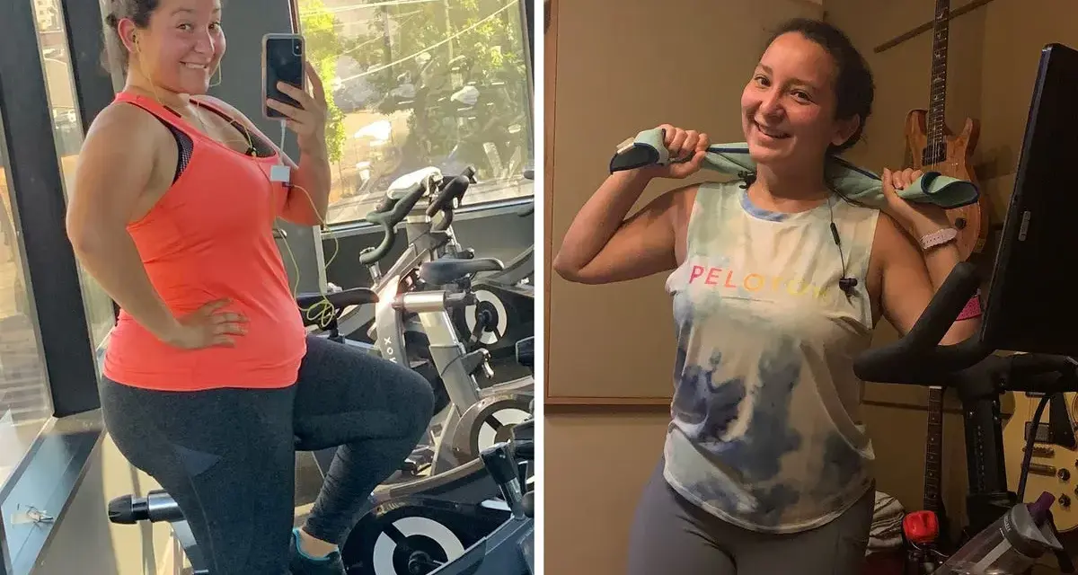 Before and after photos of a woman on an indoor cycling bike. She asks, "Will indoor cycling help me lose weight?