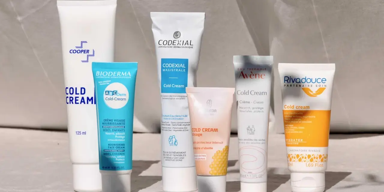 Plusieurs tubes de cold cream de différentes marques (Bioderma, Avène, Codéxial, Weleda, Cooper, Rivadouce) sont alignés.