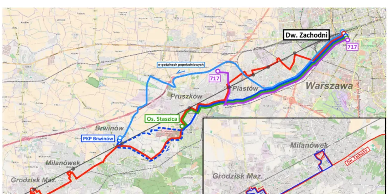 Schemat komunikacji zastępczej, w tym 717 rozkład jazdy, pokazuje trasy autobusów i pociągów między Grodziskiem Maz., Milanówkiem, Pruszkowem, Piastowem, Brwinowem a Warszawą.